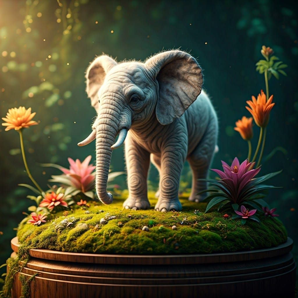 Wool Elephant in Dreamlike Greenery, Hyper-Realistic Style