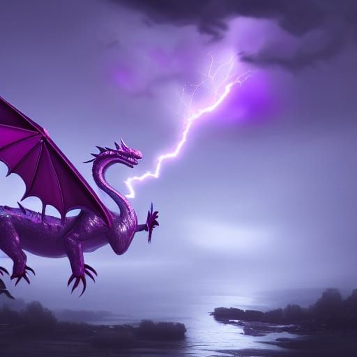 Cute Purple Dragon in Stormy Fantasy Landscape