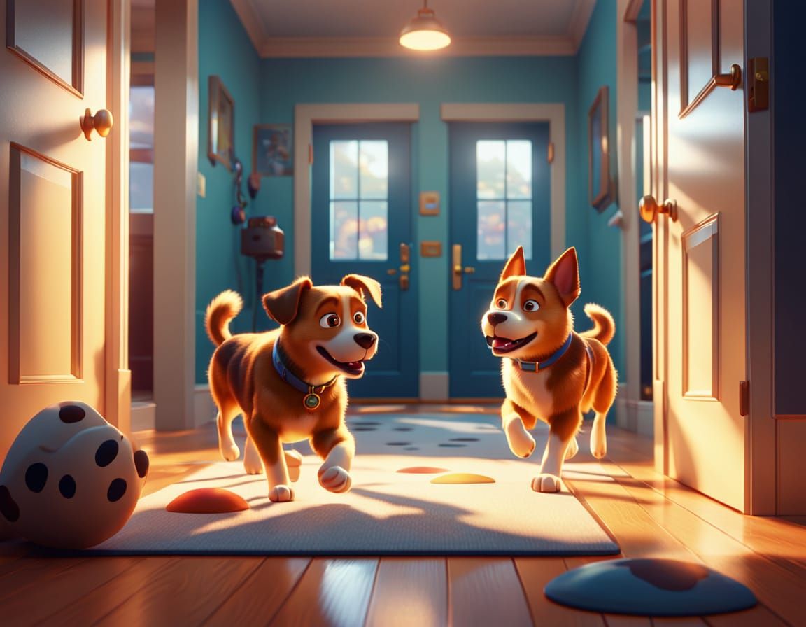 Dogs Entering Room in Pixar Style 3D Art