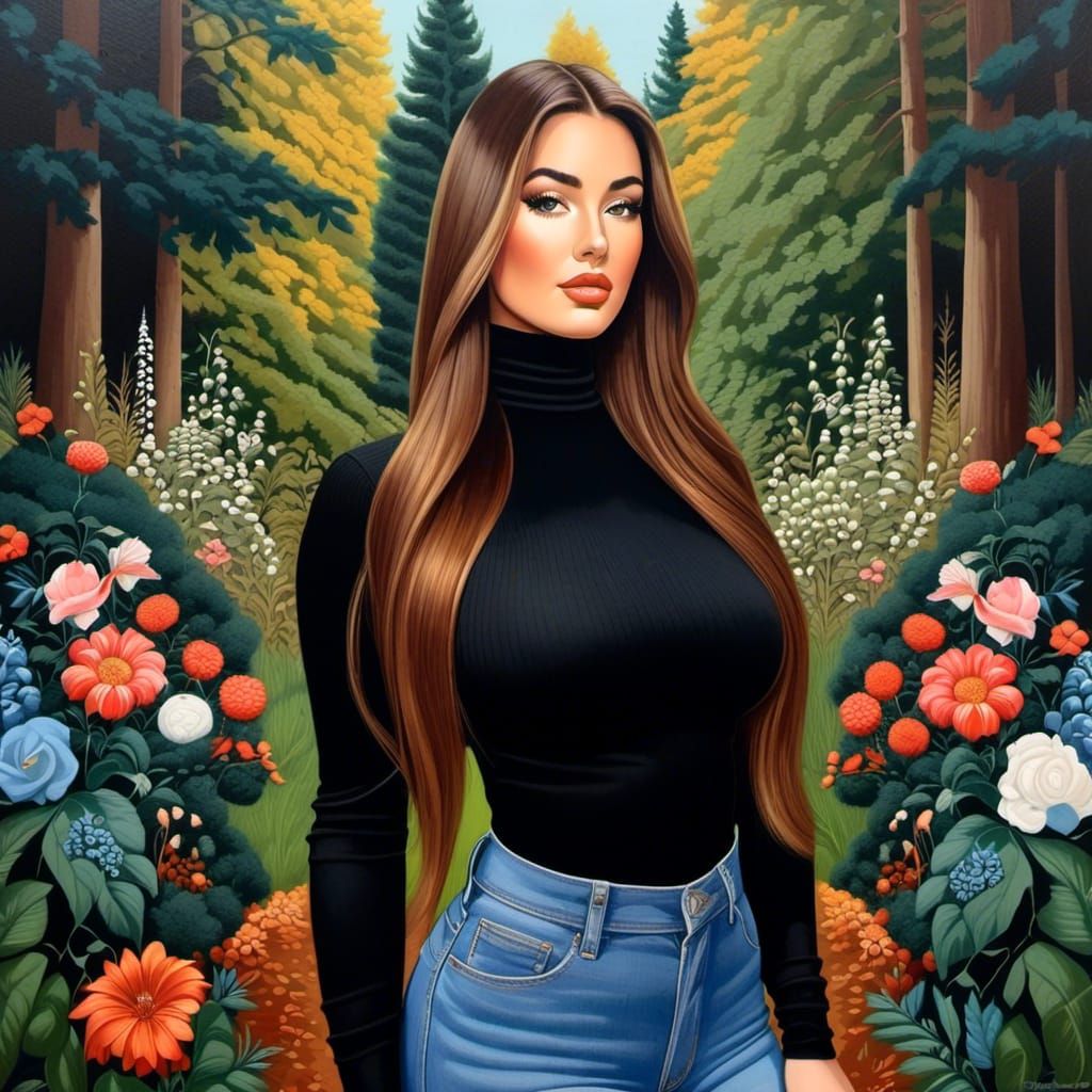 Woman Exploring Mystic Garden in Charcoal Style