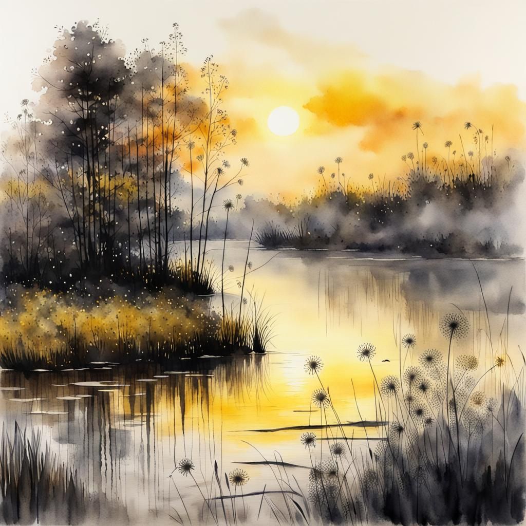 Dawn Over Lake: Watercolour Landscape