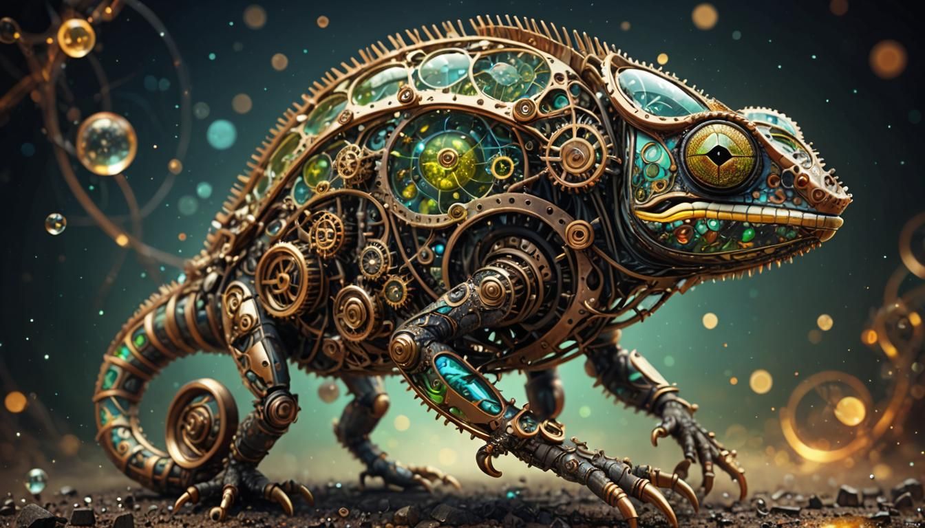 Steampunk Chameleon with Fractal Background