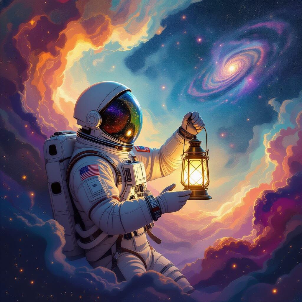 Astronaut with Celestial Lantern in Vibrant Nebula