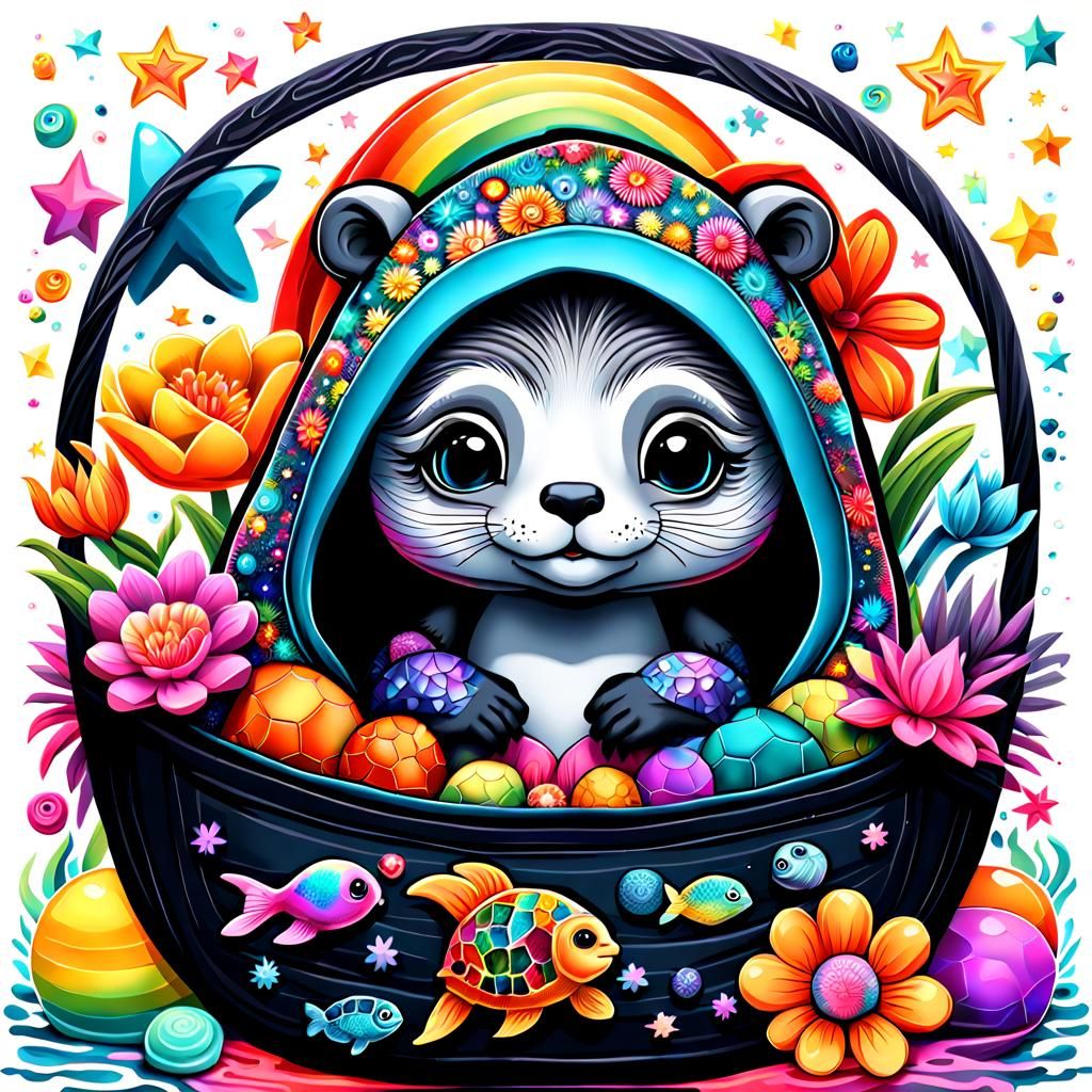 A hooded rainbow baby otter doll with black fish toy in her hands sitting in a bassinet, her big eyes sparkle like gems....