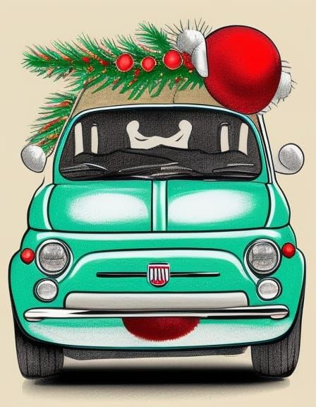 Fiat 500 with Christmas Tree Illustration