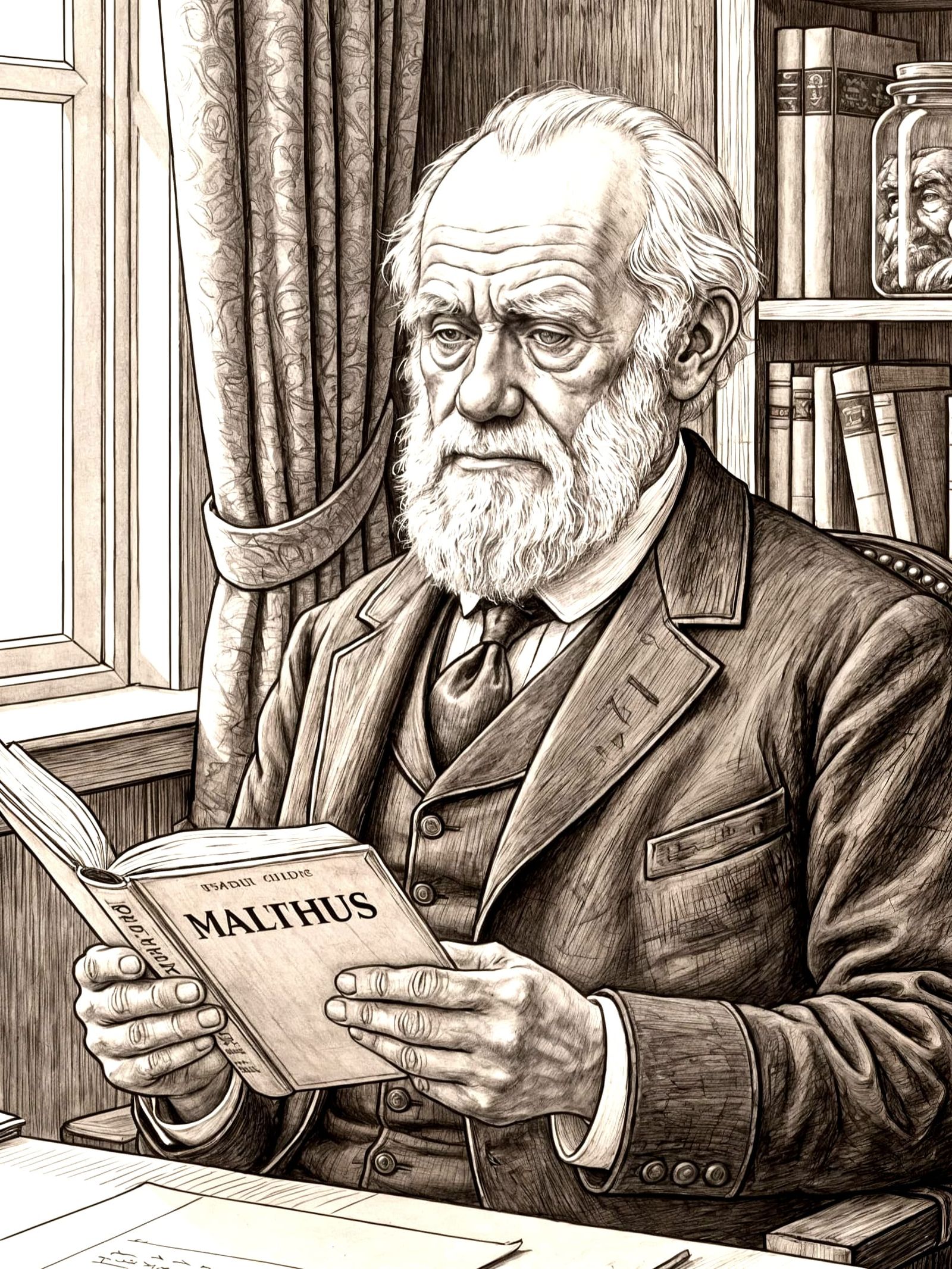 Darwin Reading Malthus: Ink Portrait in Sepia Tones