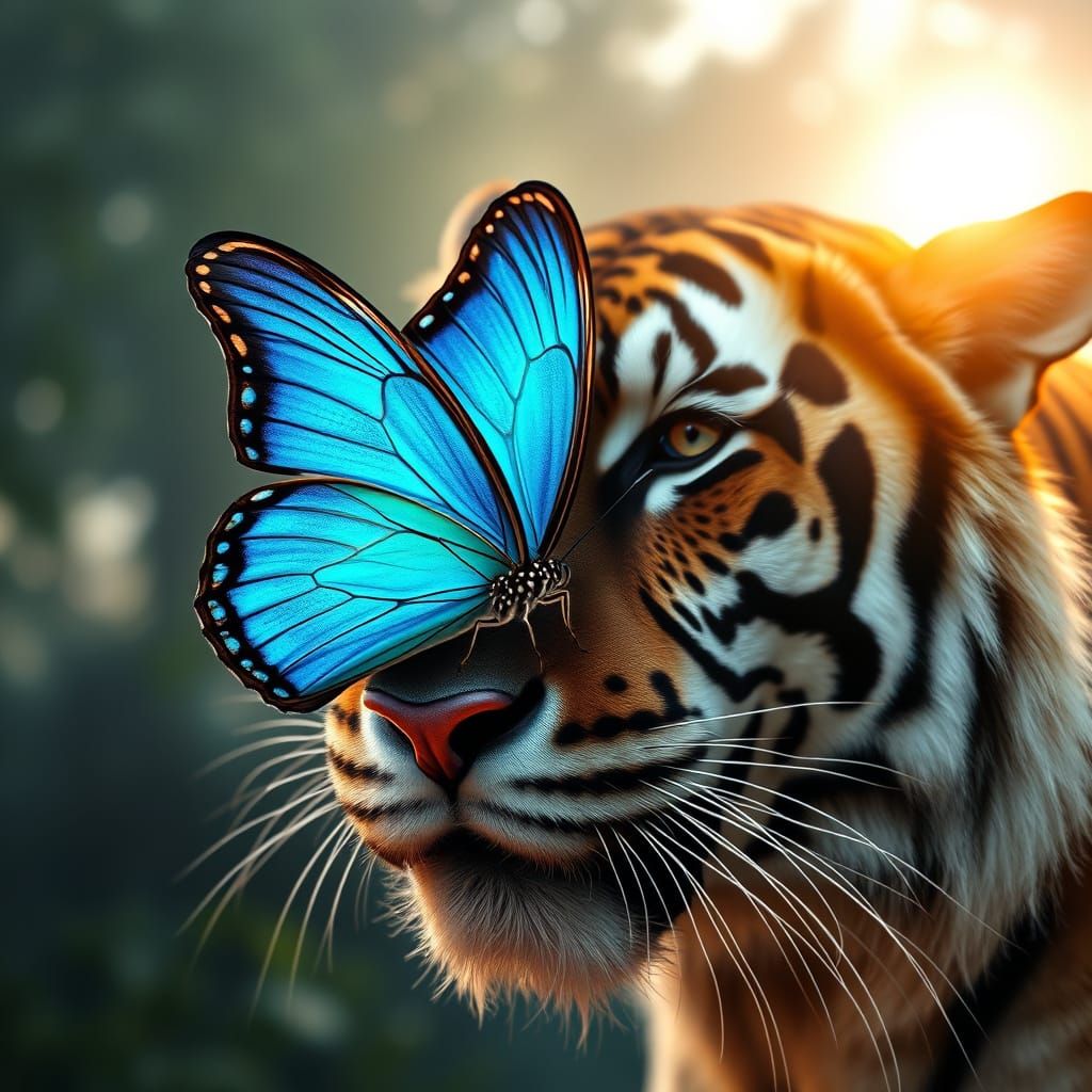 Blue Morpho Butterfly on Tiger's Nose