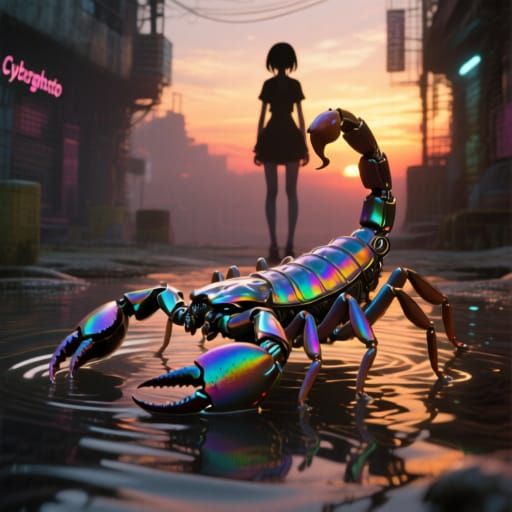 Cyborg Scorpion Emerges from Water in Gadgetpunk Style