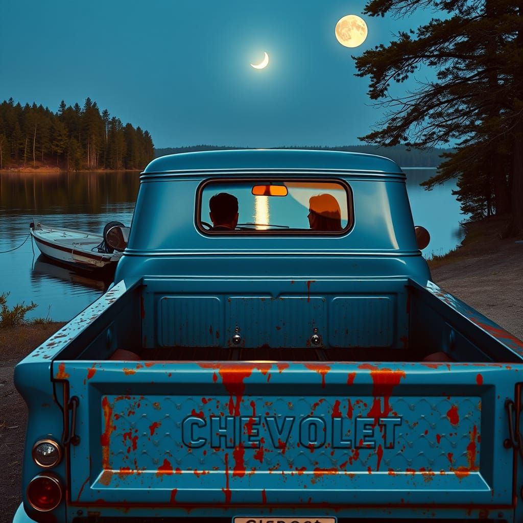Vintage Chevy Pick-up Under Full Moonlight at Serene Lake