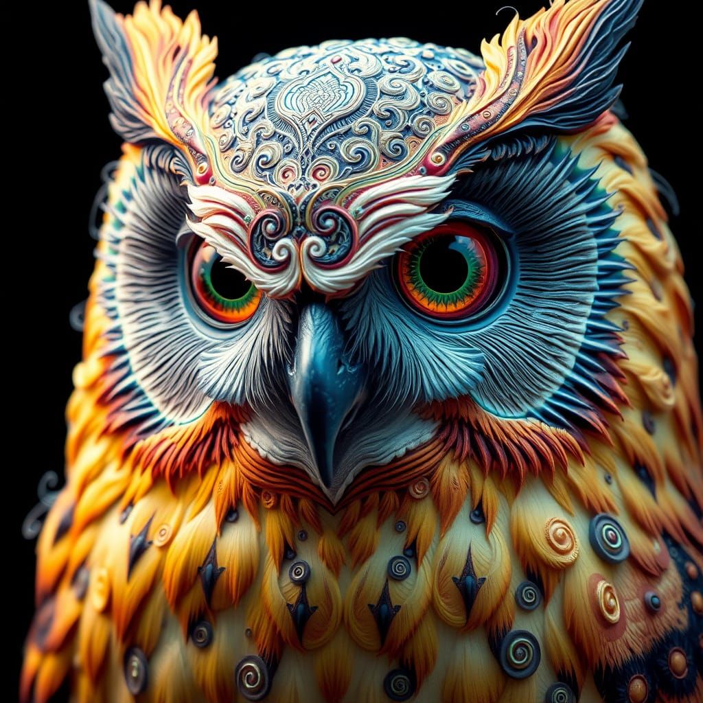 Fractal Ornated Owl Head in Dreamlike Hyper-Realism