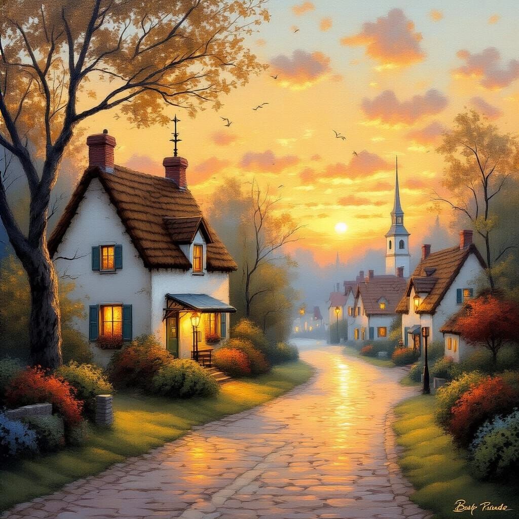 Serene Village Sunset in Warm Light