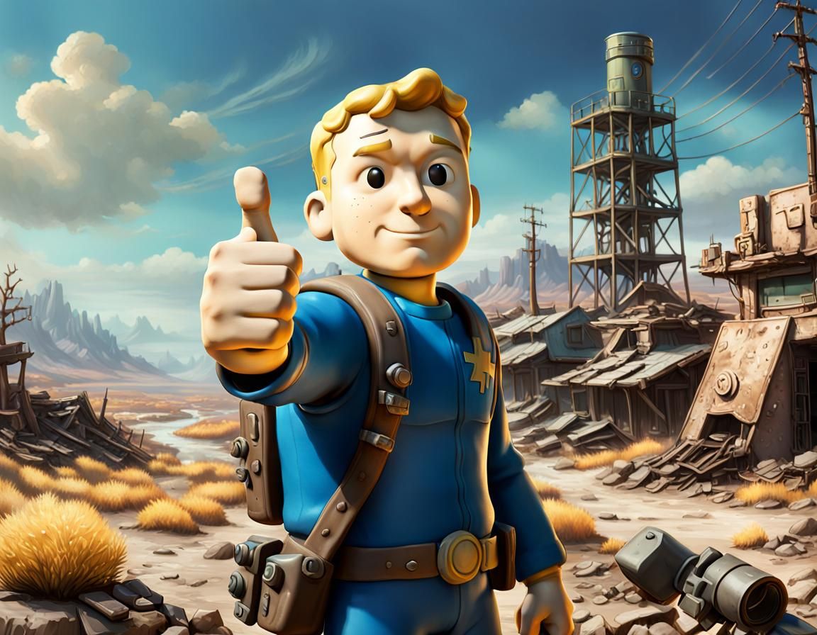 Vault Boy in Post-Apocalyptic Landscape: Hyperrealistic Art
