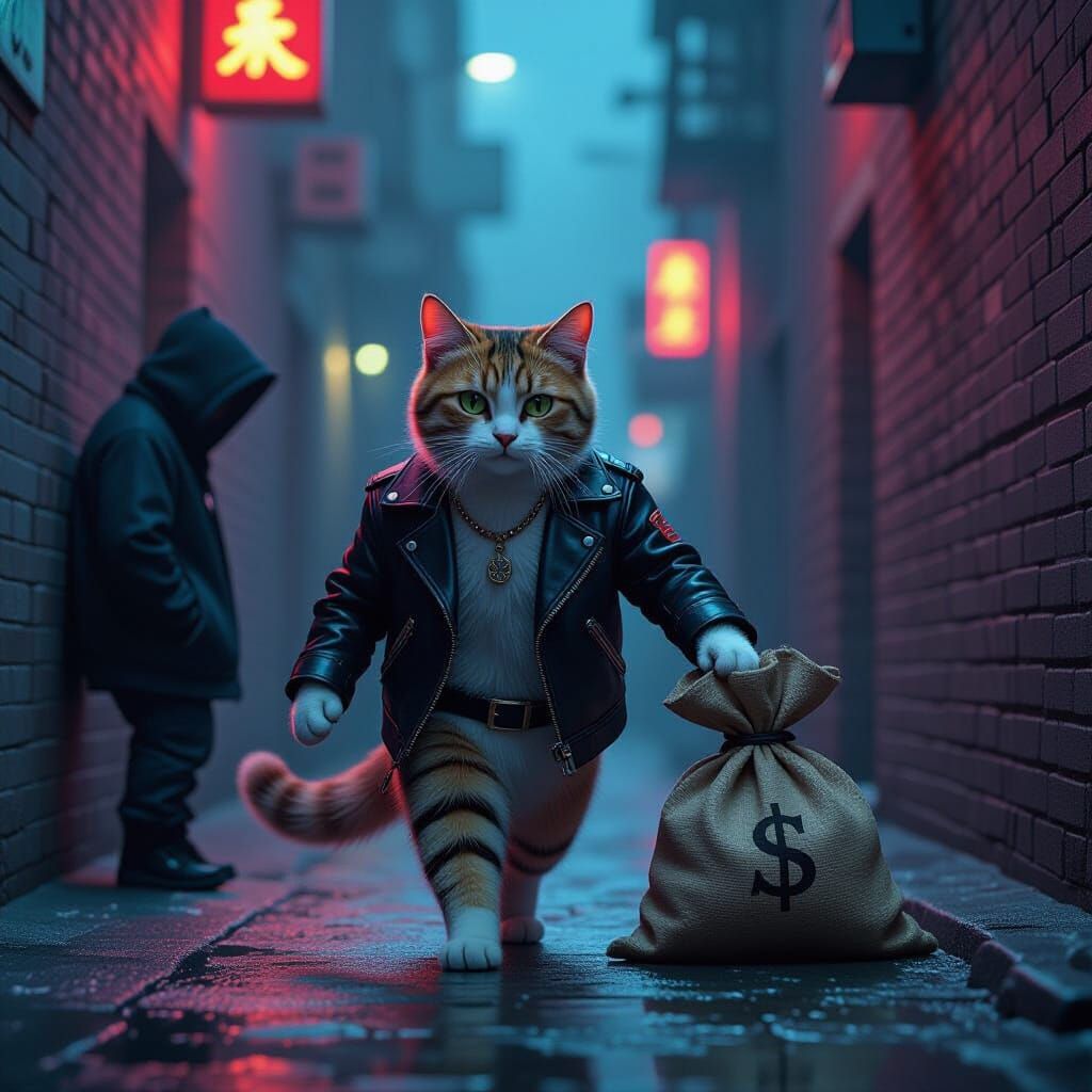 Rainbow Cat Fighting Robber in Neon Alleyway