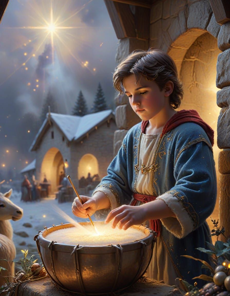 Ethereal Drummer Boy at Manger in Mist