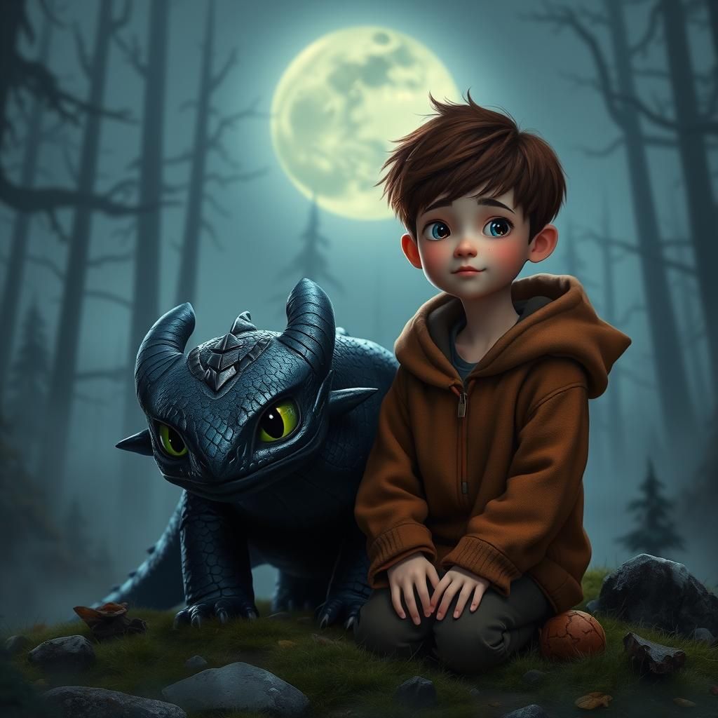 Toothless and Boy in Misty Forest, Anime Style
