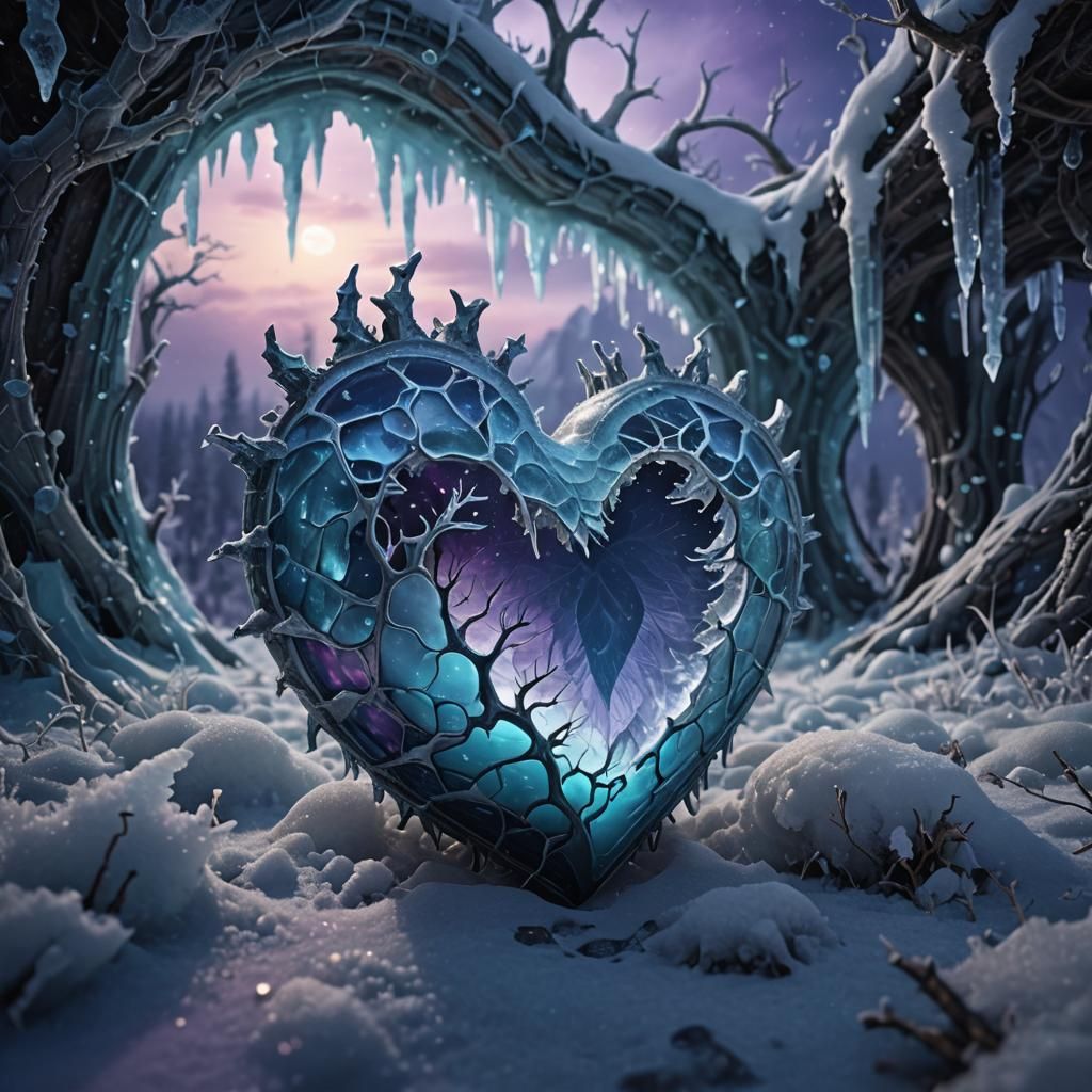 Frozen Heart with Bioluminescence in Snowy Landscape
