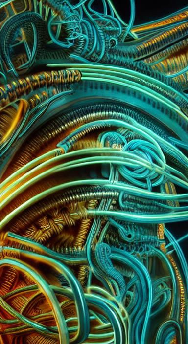 Detailed Biomechanical Circuitry Concept Art in Gold and Tea...