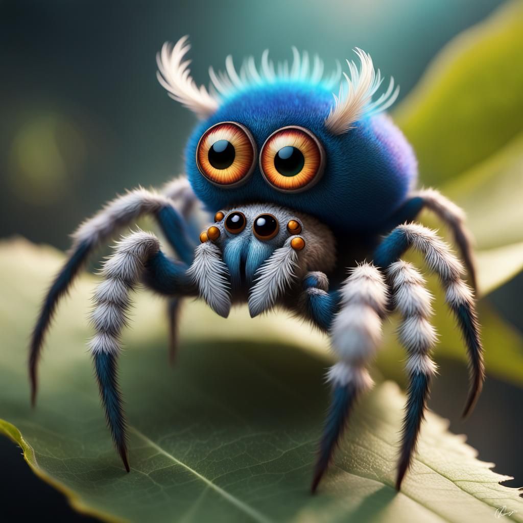 Fuzzy Peacock Spider with Giant Eyes: Digital Art