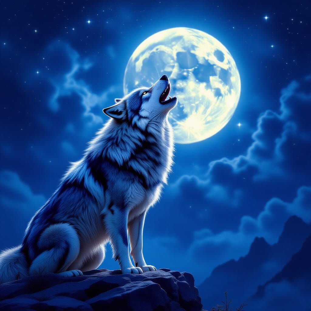 Ancient Wolf Spirit Howling at Cosmic Moon in Photorealism