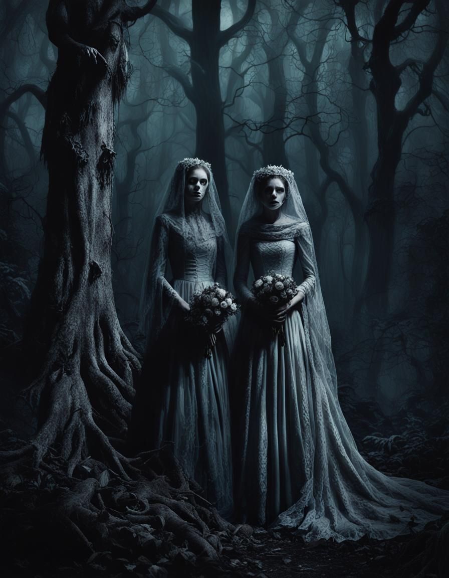 Undead Brides in Haunted Forest: Dark Fantasy Art