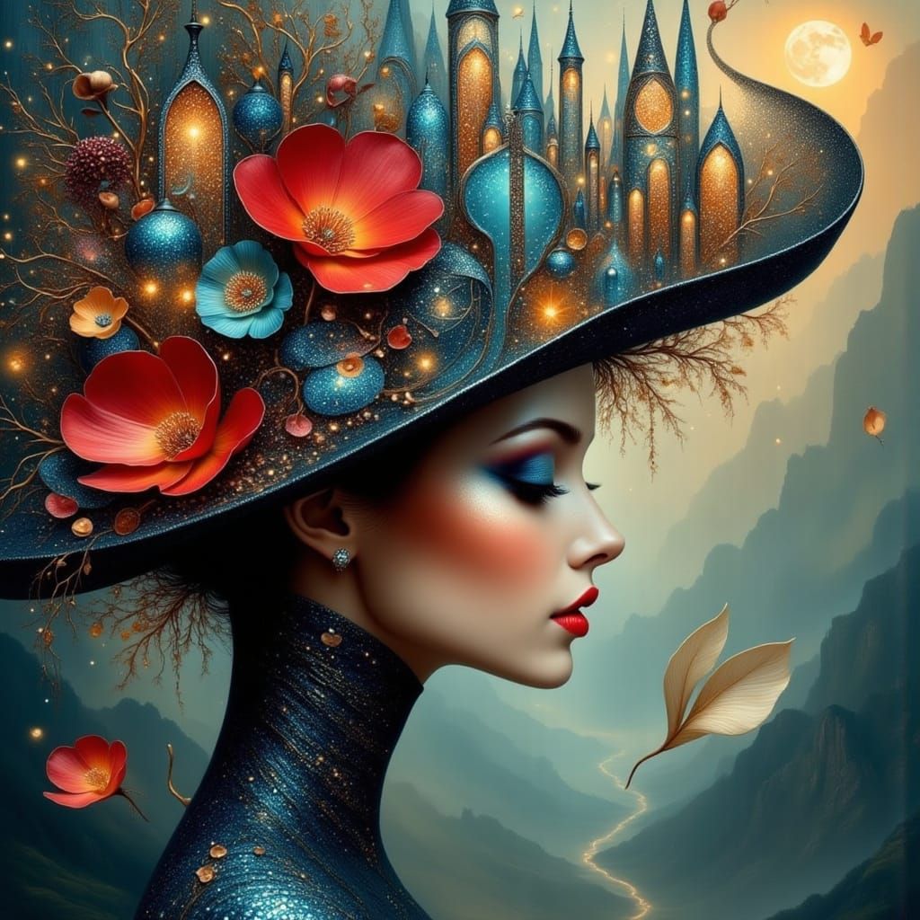 Surreal Cityscape Elegant Woman Hat