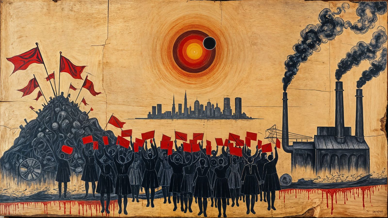 Dreamlike Labor Day Scene in Muted Beige and Deep Reds