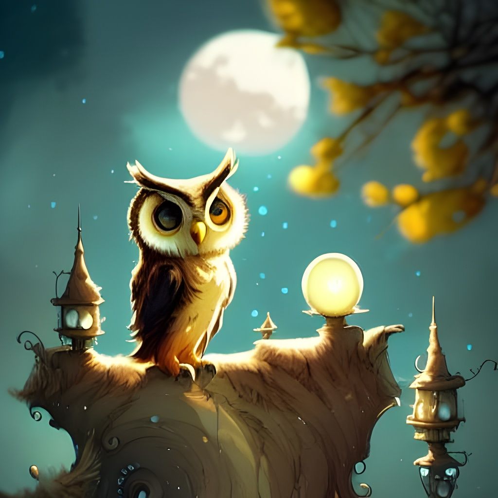 Adorable Cute Owl​​ at full moon