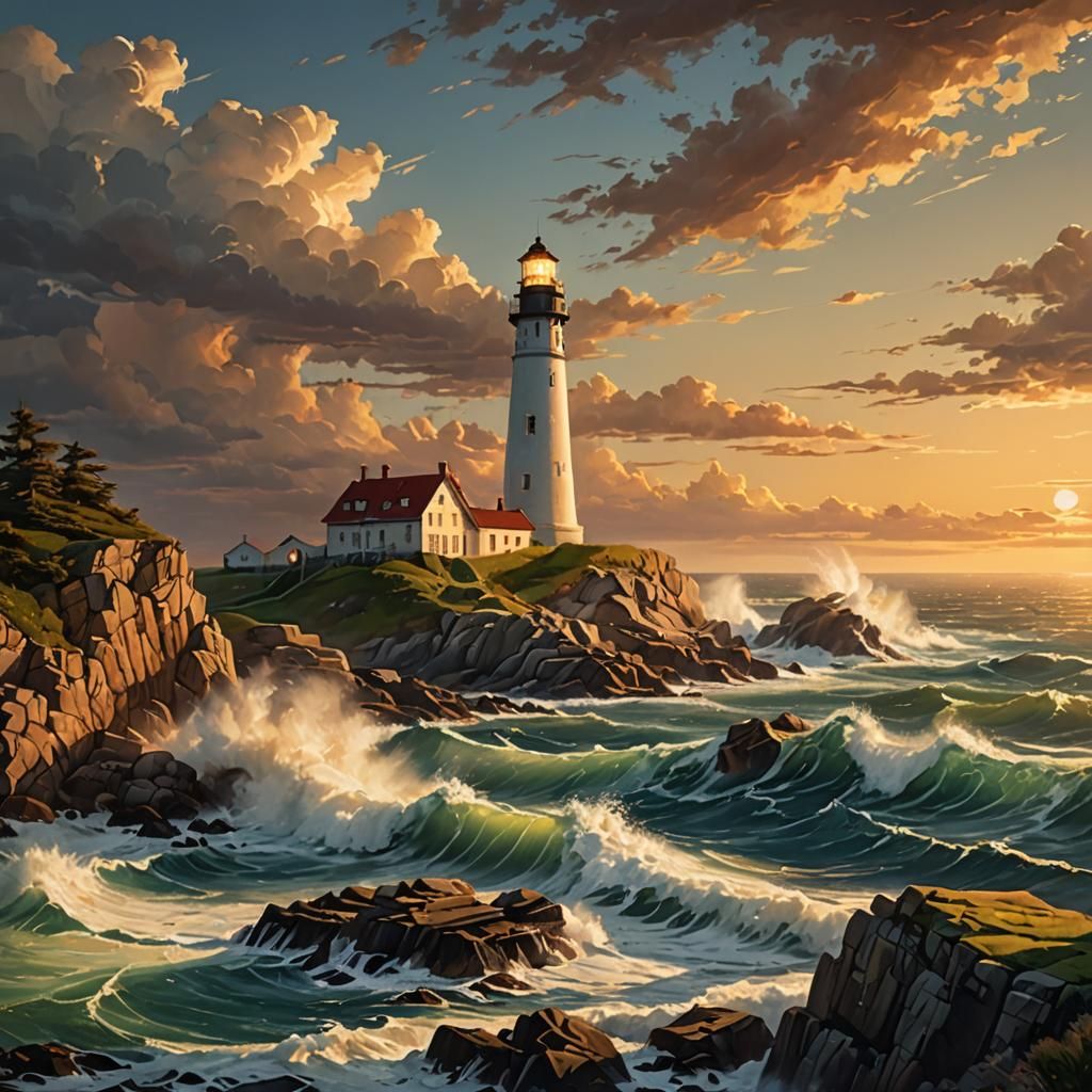 Majestic Lighthouse on Rocky Coastline at Golden Hour