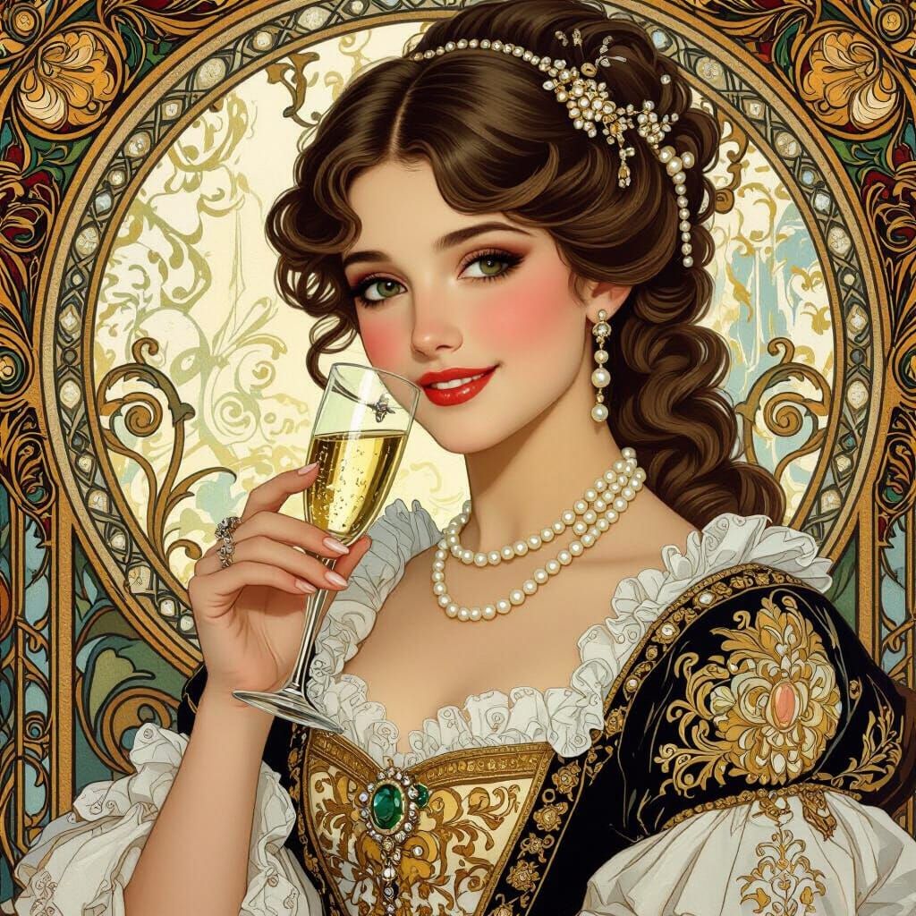 Baroque Woman Drinks Champagne in Art Nouveau Style