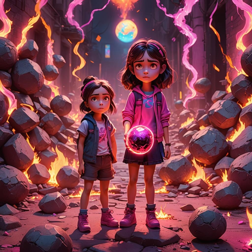 Fiery Girl with Neon Aura: 3D Digital Art