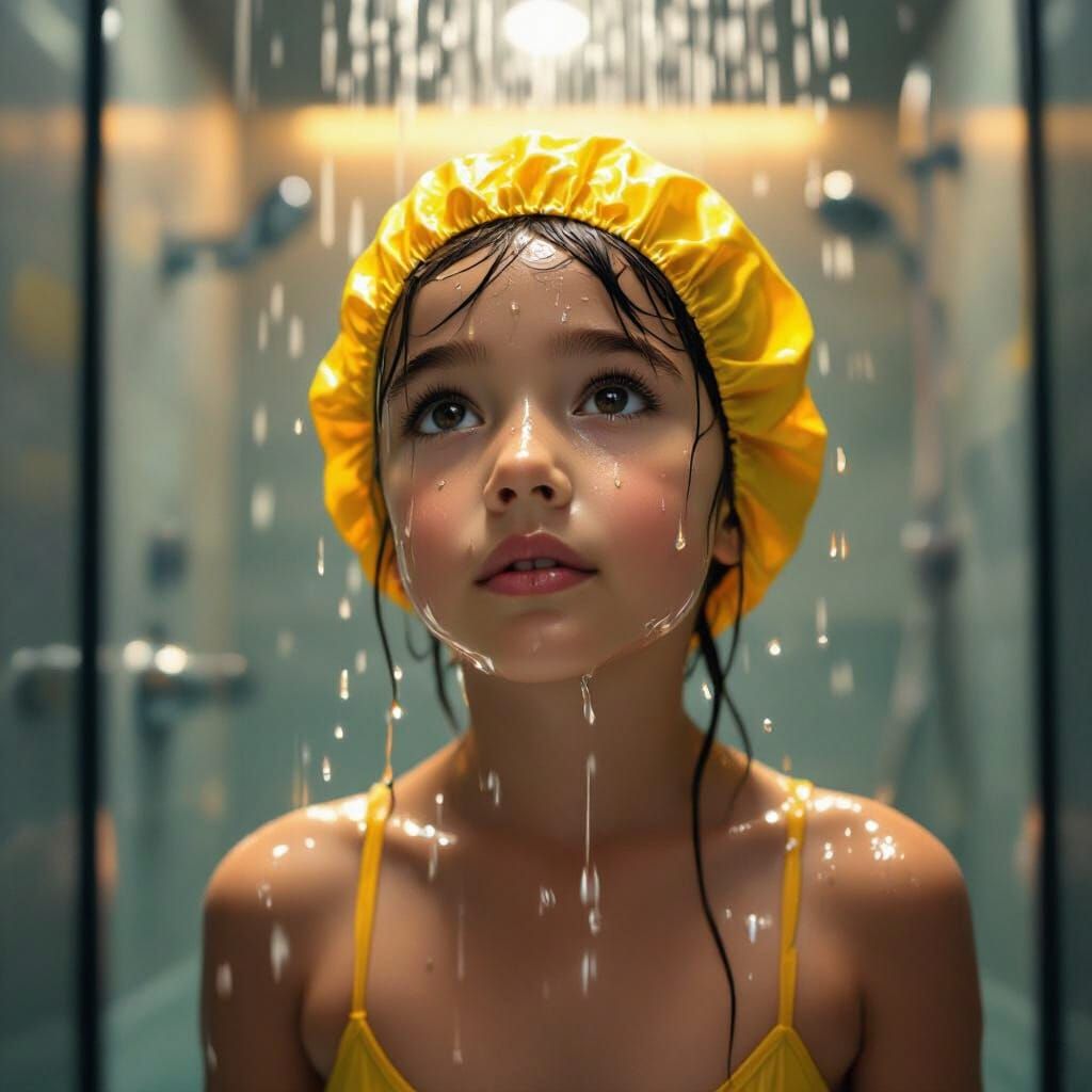 Daughter in Modern Shower with Golden Light