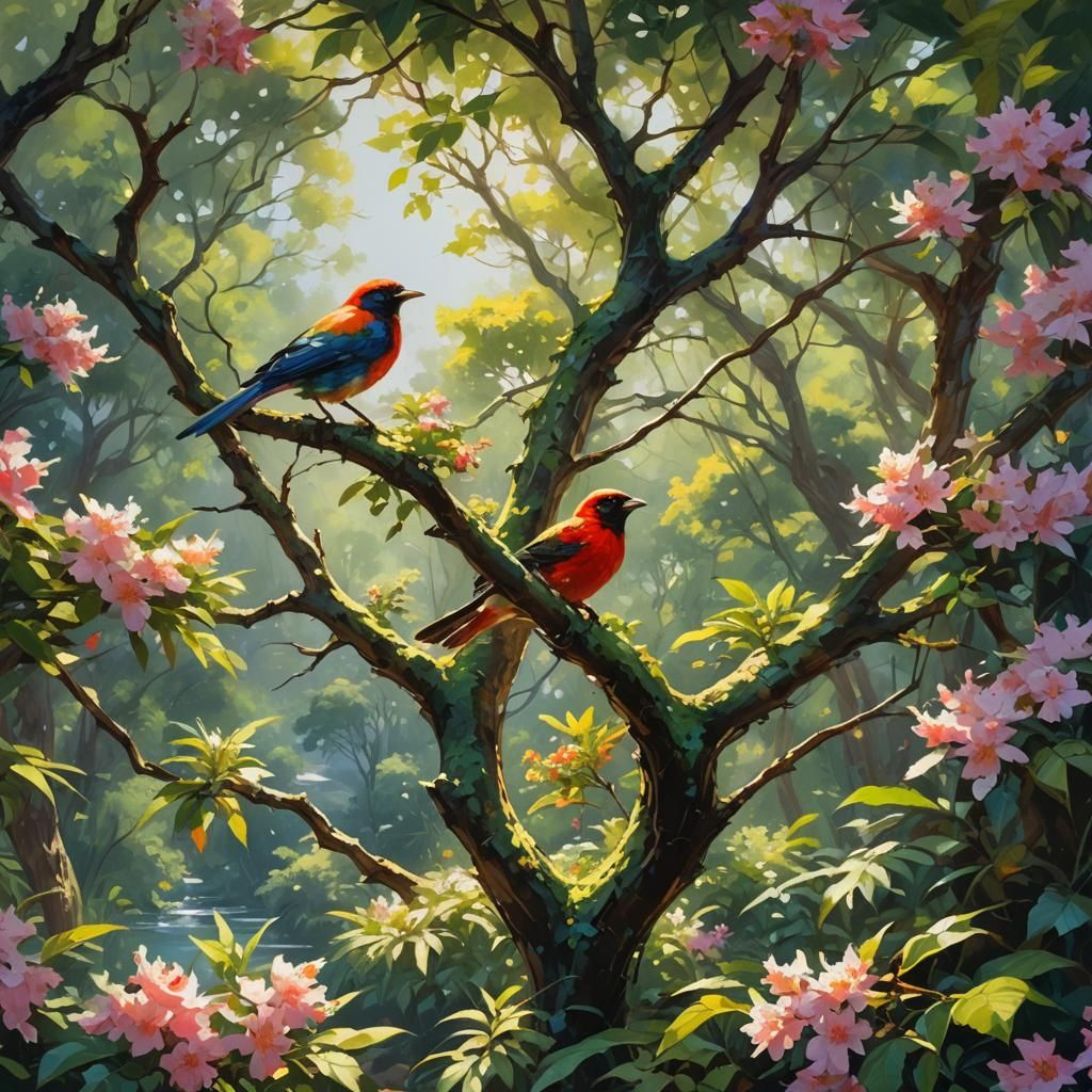 Summer Tree Bird in Fantasy Art Style