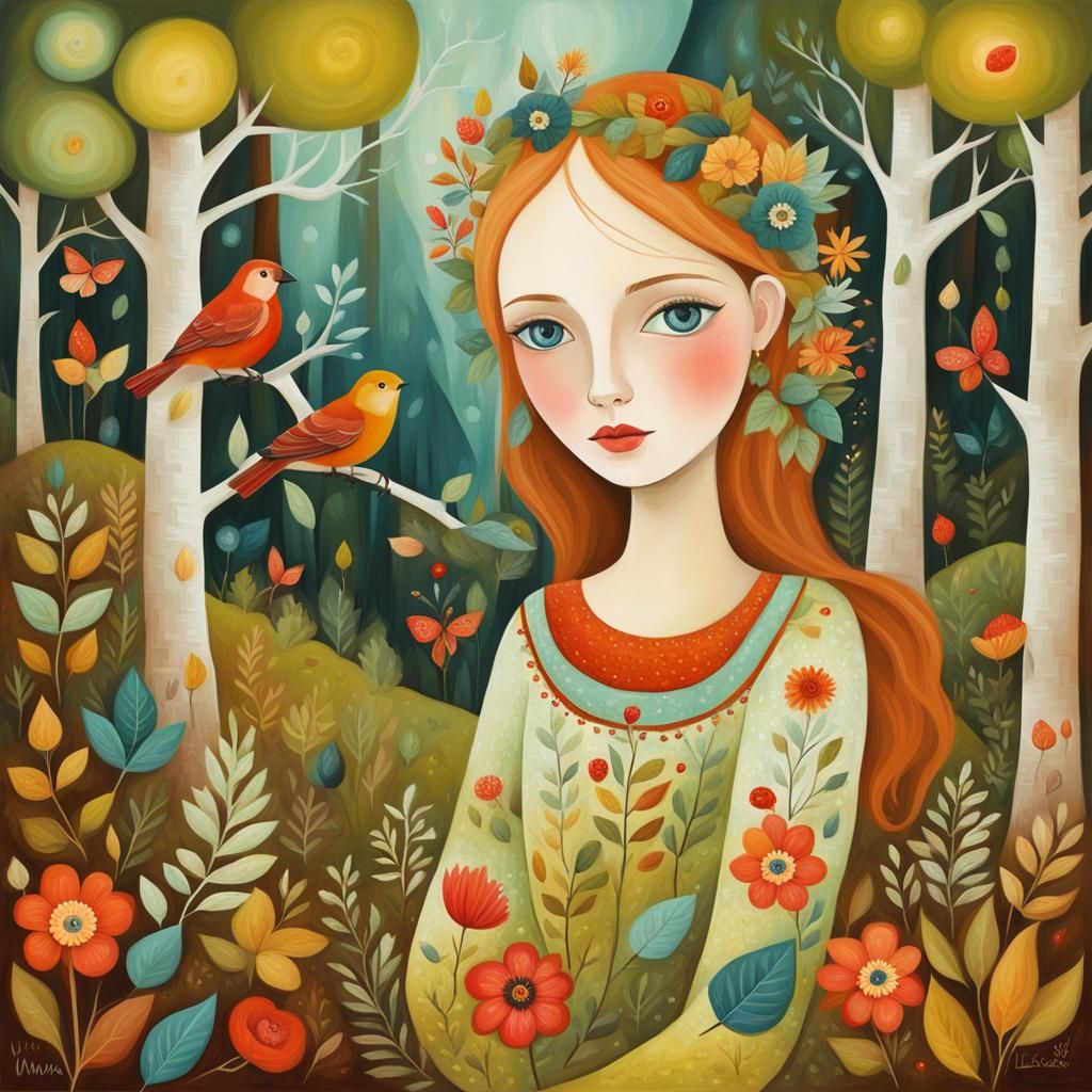 Naive Style Girl in Colorful Forest