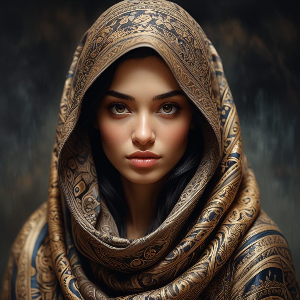 South American Muslim Girl in Elegant, Textured Attire