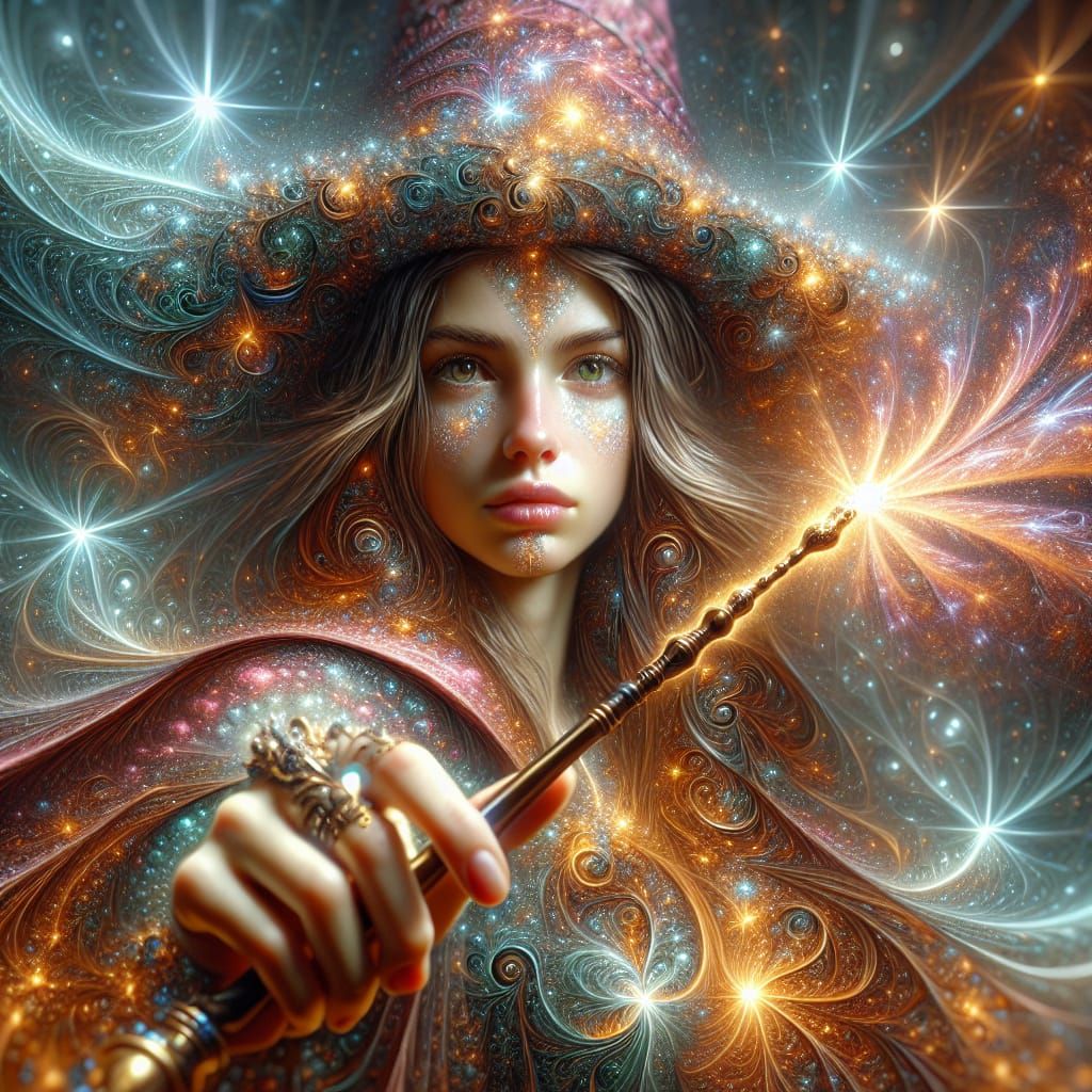 Stunningly Detailed Young Wizard Casting a Sparkling Spell i...