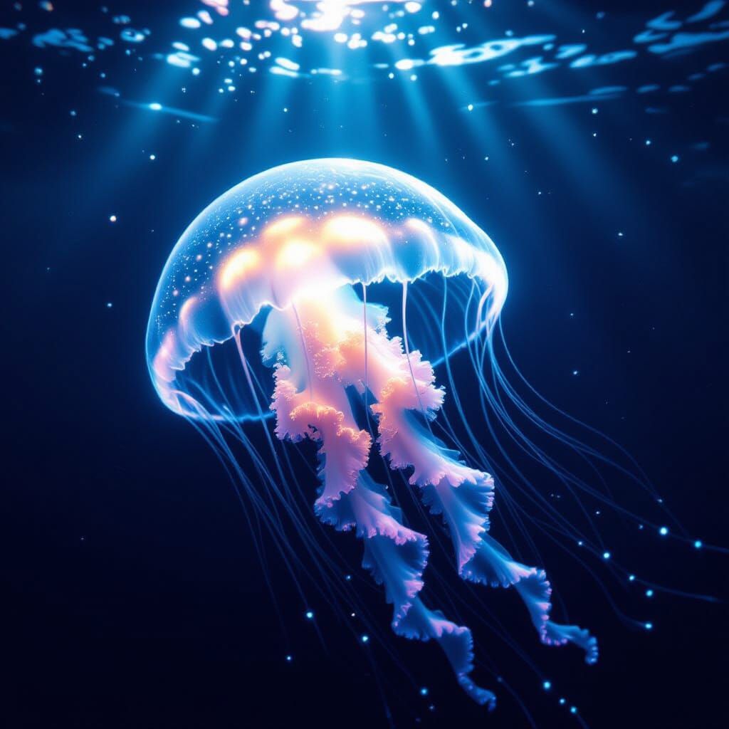 Ethereal Bioluminescent Jellyfish in Deep Ocean Light