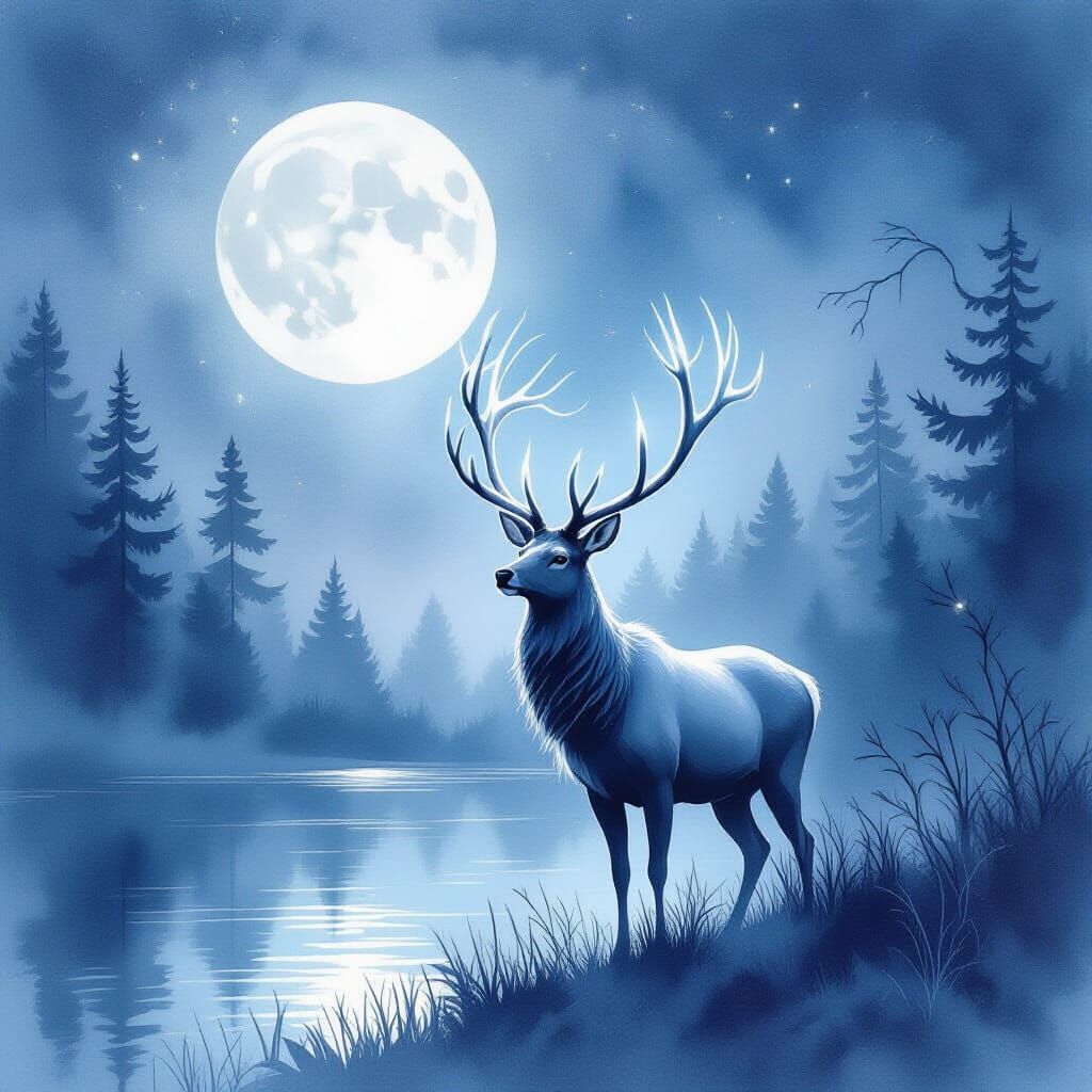 Moonlit Enchanted Stag in Digital Watercolor Style