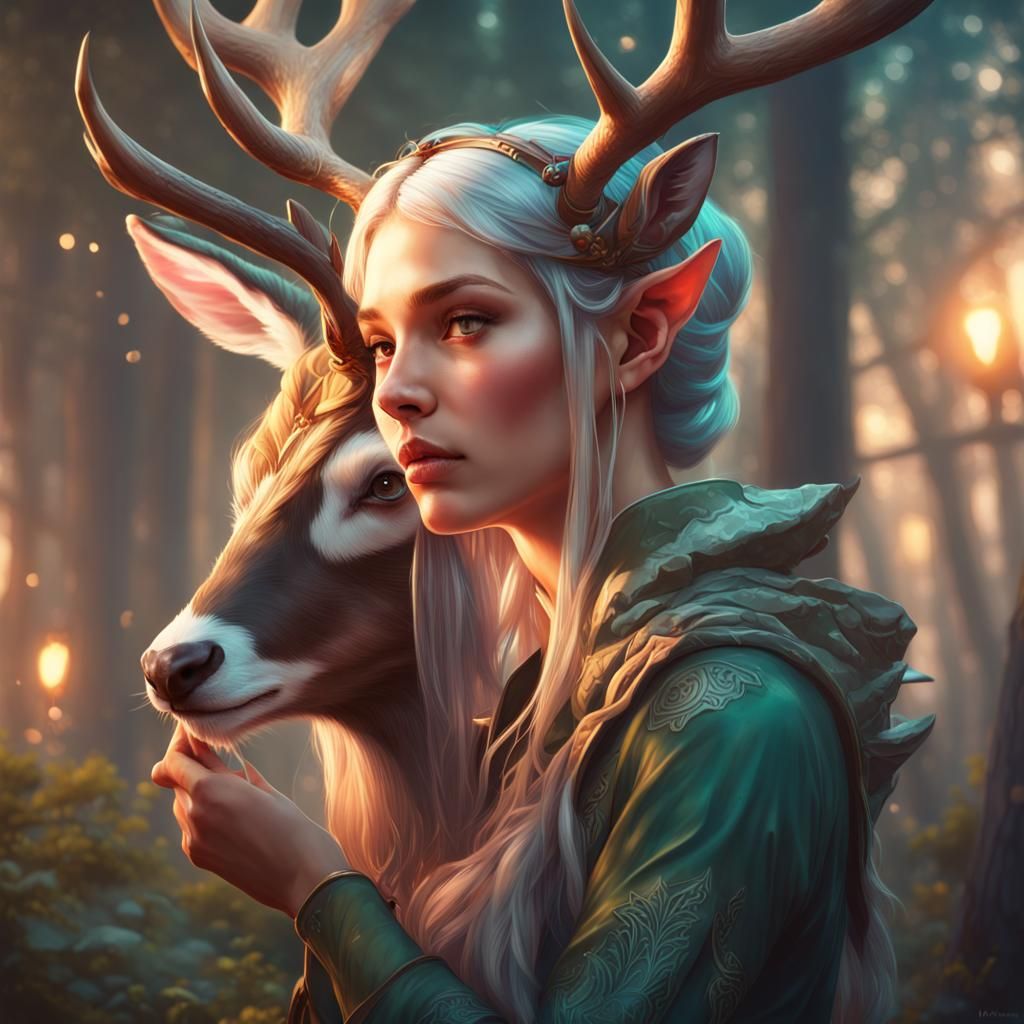 Elf Girl and Deer Portrait in Art Nouveau Style