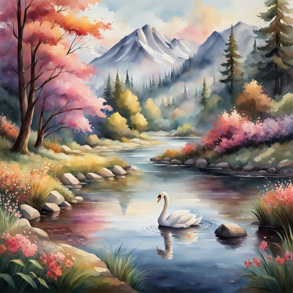 Watercolor Landscape with Swan and Waterfall in Serene Setti...