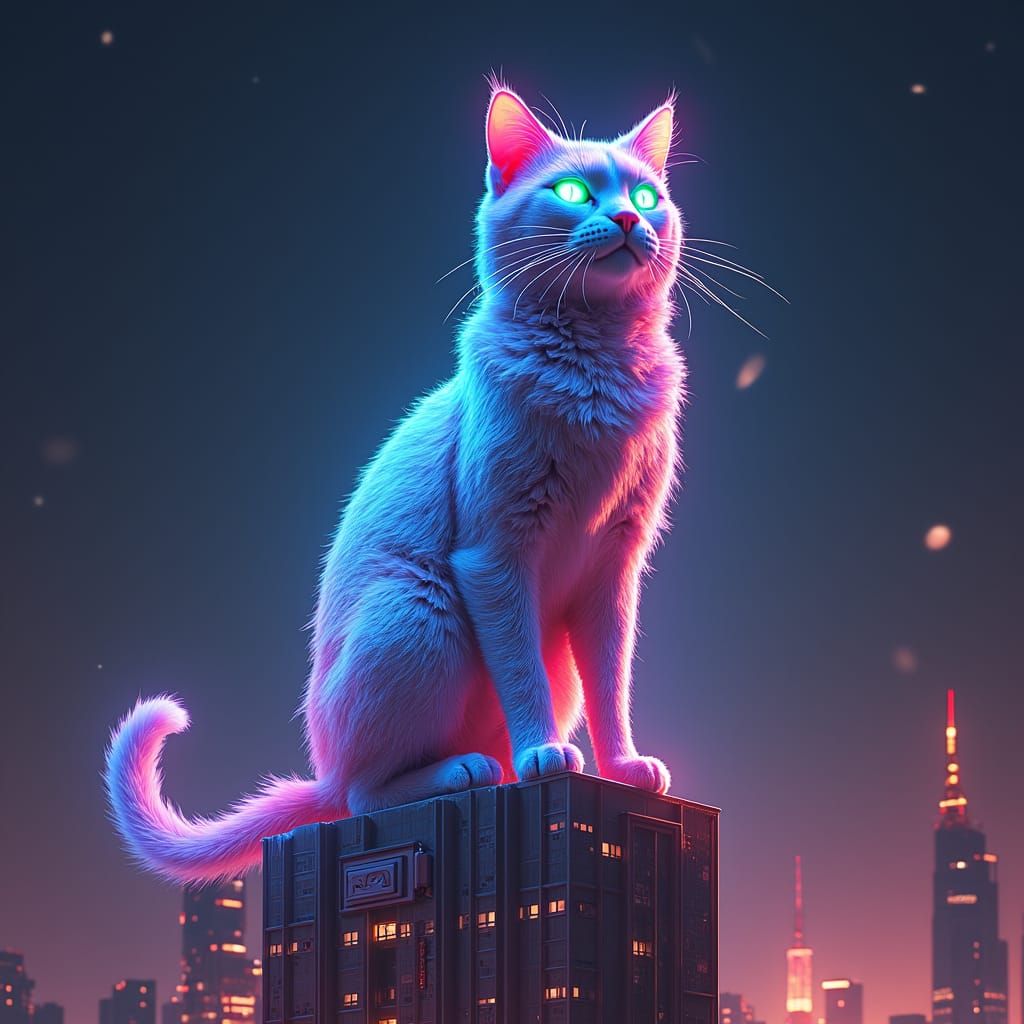 Neon Cybernetic Cat on Skyscraper in Sci-Fi Style