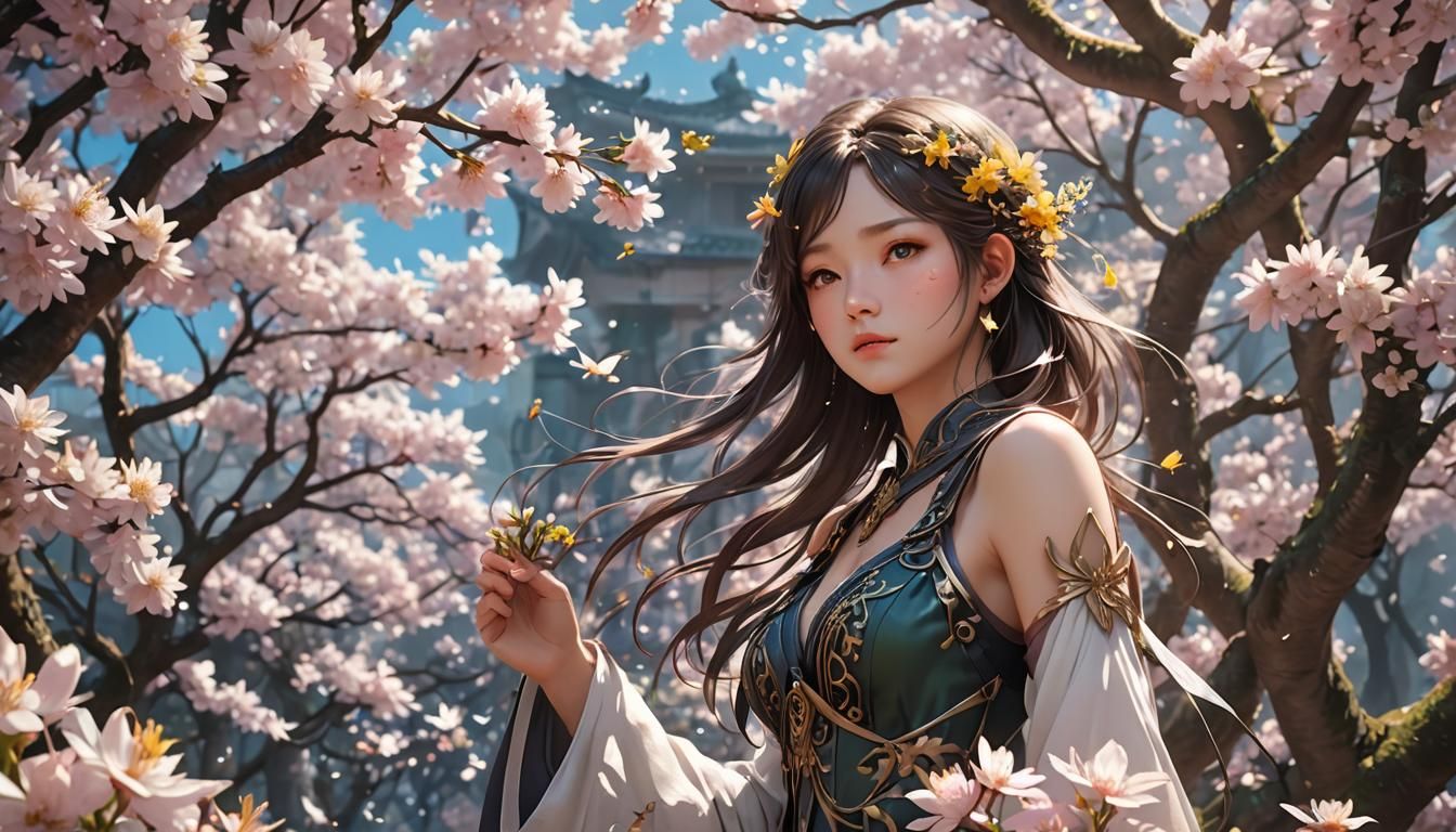 Woman Surrounded by Fairies and Spring Blossoms in 3D Anime ...