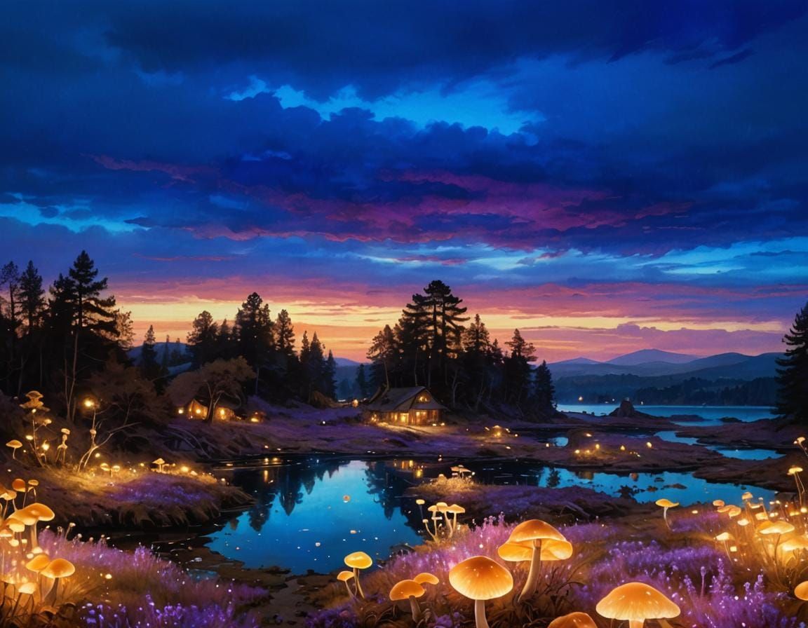 Ethereal Cabin Beside Lake in Impressionist Style