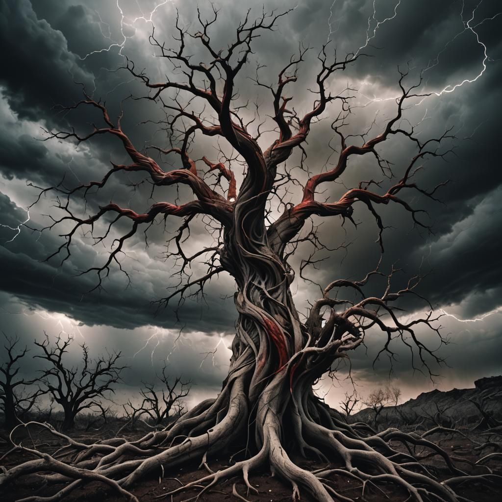 Surreal Twisted Tree in Dark Landscape