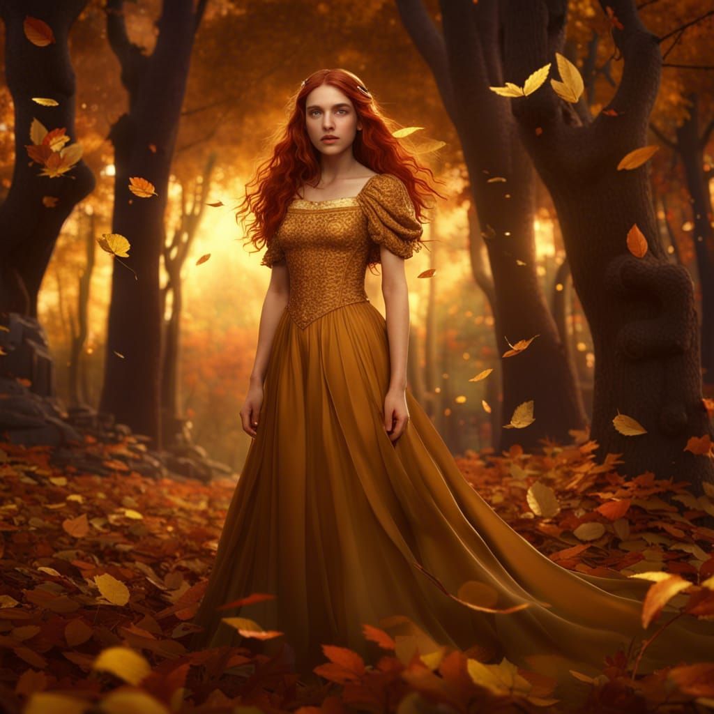 Ethereal Girl in Autumn Forest at Twilight