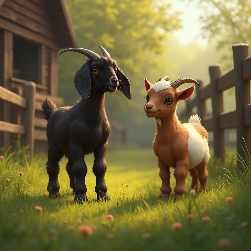 Goat Kid and Mother on Farm, Detailed Matte Painting