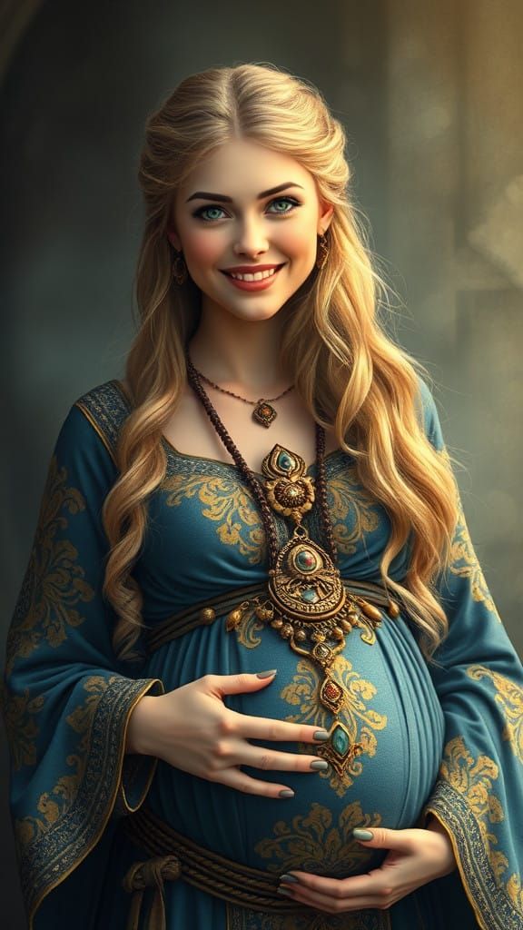 Viking Age Fantasy: Pregnant Woman in Ethereal Embroidered D...