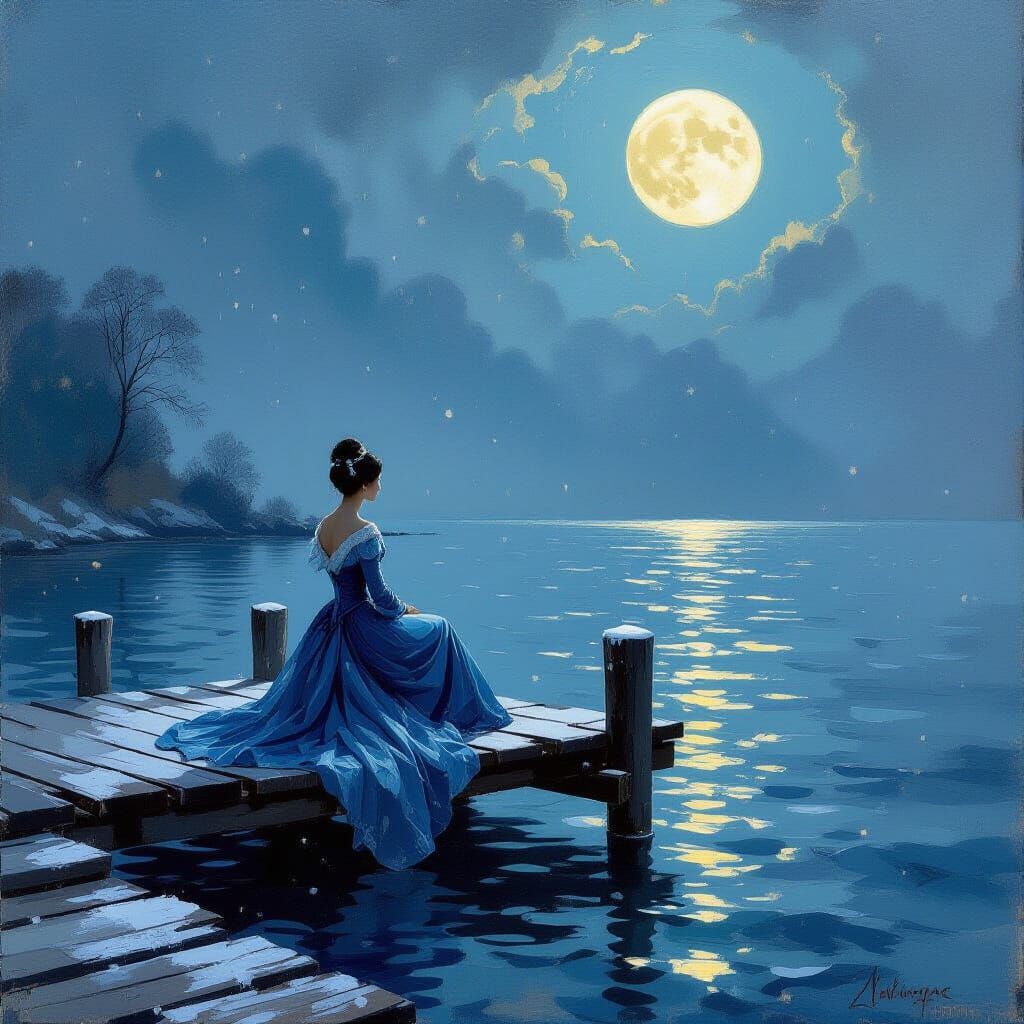 Empress Gazes at Moonlit Snowy Dock