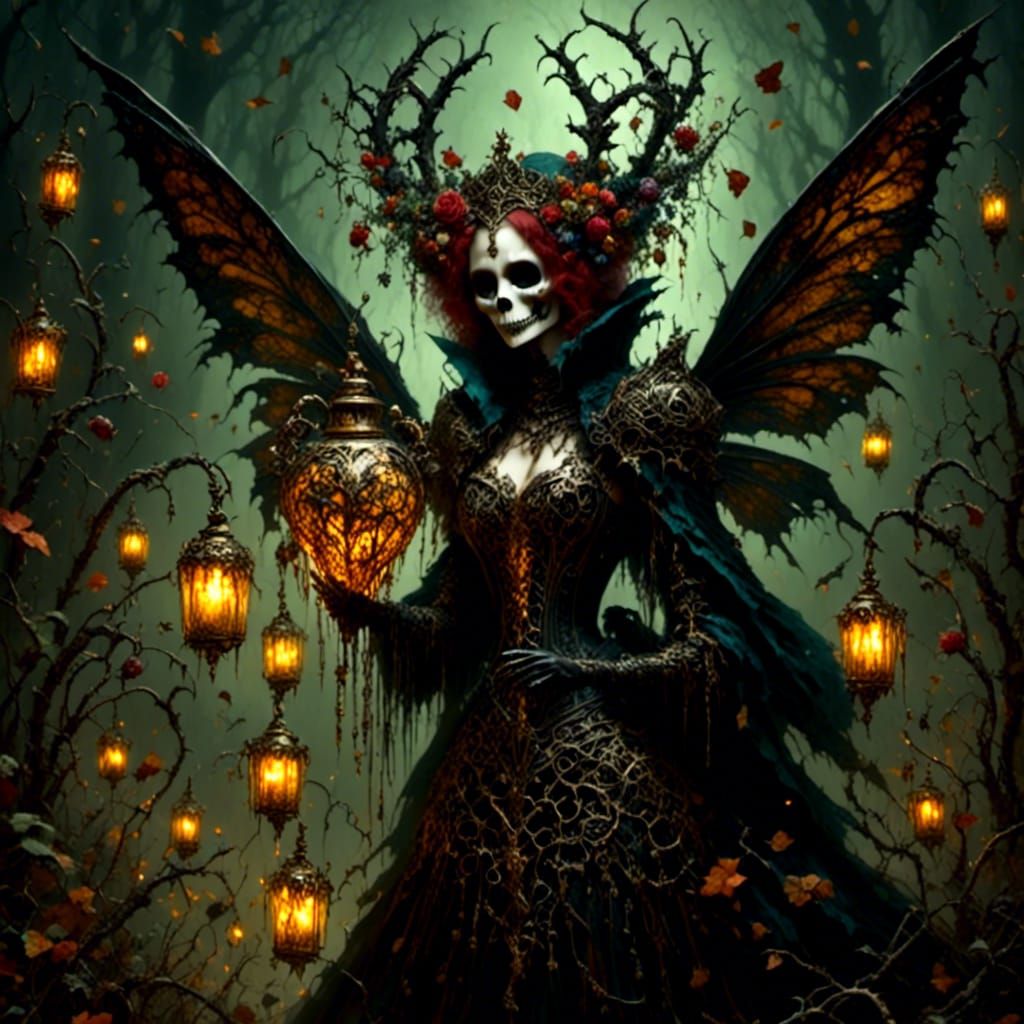 Enchanted Dark Fairy in Whimsical Landscape