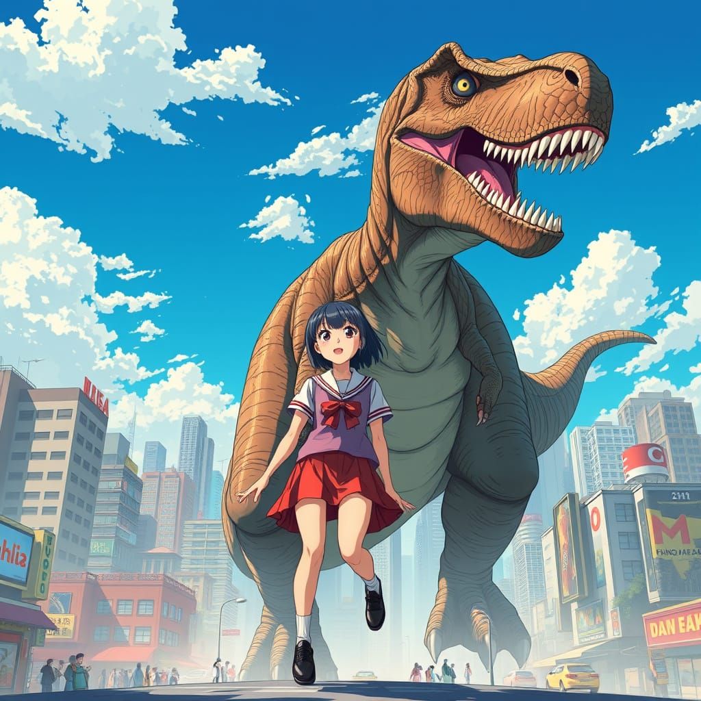 Anime Girl Transforms into T-Rex, Ghibli Style