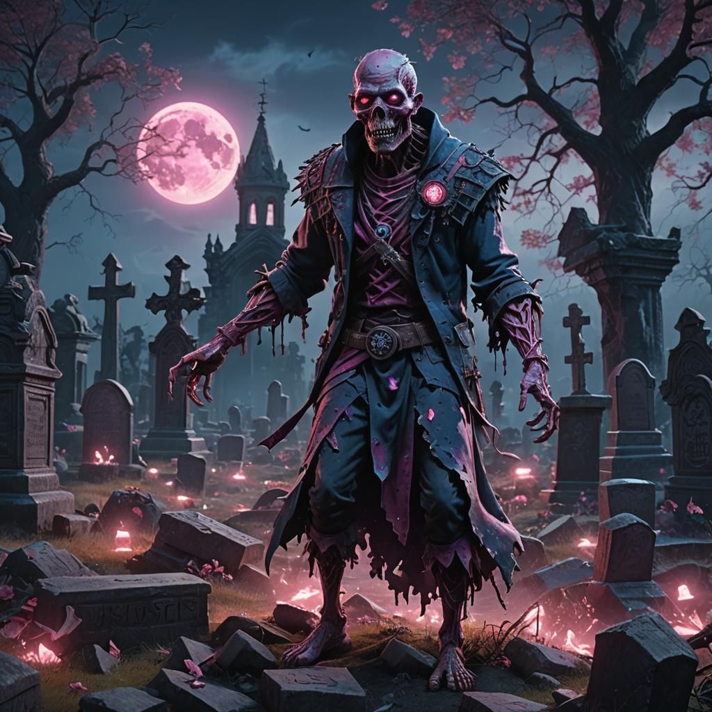 Pink Zombie Rising in Mystical Graveyard